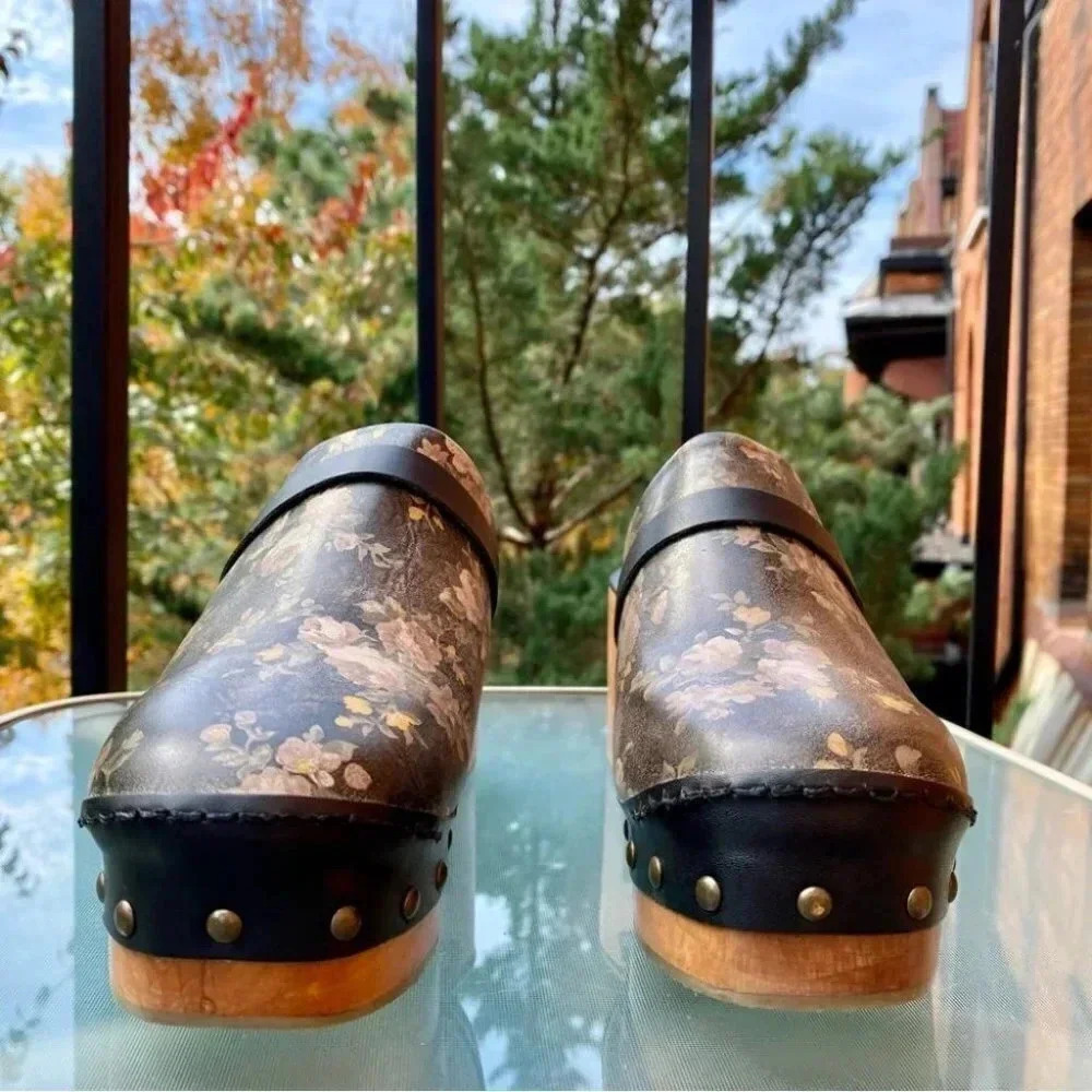 New Free People Calabasas Floral Wooden Clogs Black Womens 7 - Picture 5 of 15